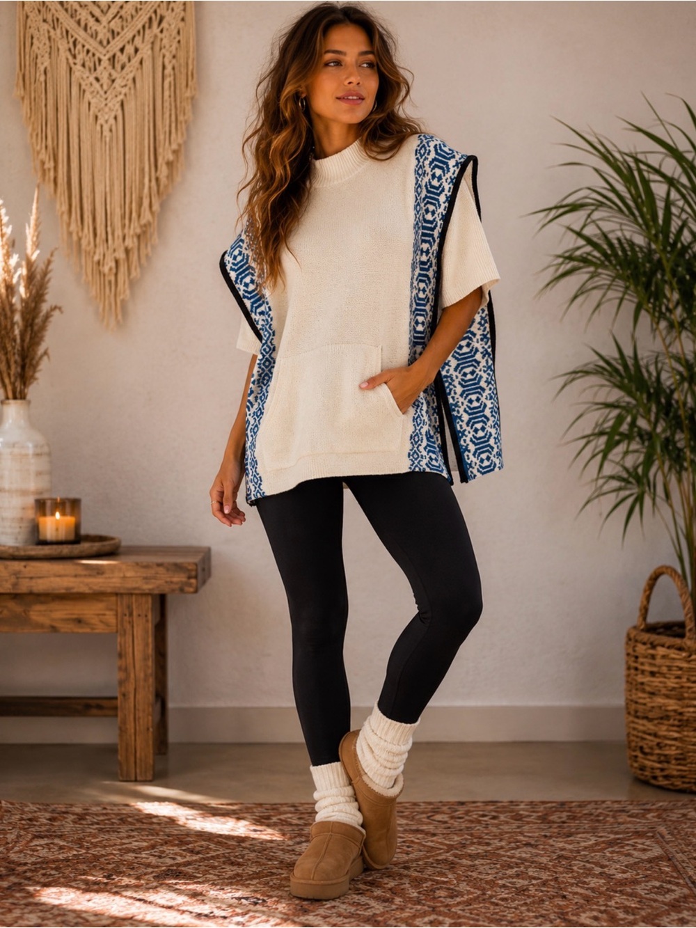 T for Talbots Cream Sweater Poncho with Blue Patterned Trim Size Medium